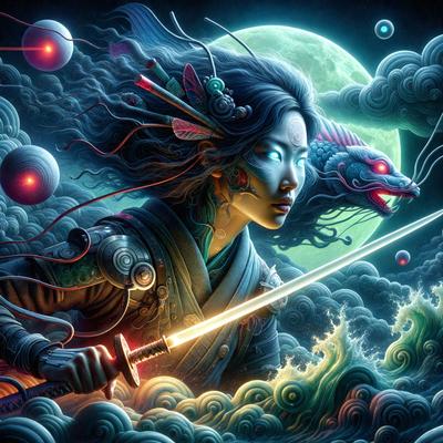 The primary subject of the image is a woman holding a sword. She is wearing a kimono and has a dragon on her shoulder. The setting is a dark, cloudy sky, and the visual style is digital art. The dominant colors are dark shades, such as black, blue, and purple, creating a moody atmosphere.